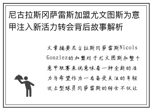 尼古拉斯冈萨雷斯加盟尤文图斯为意甲注入新活力转会背后故事解析